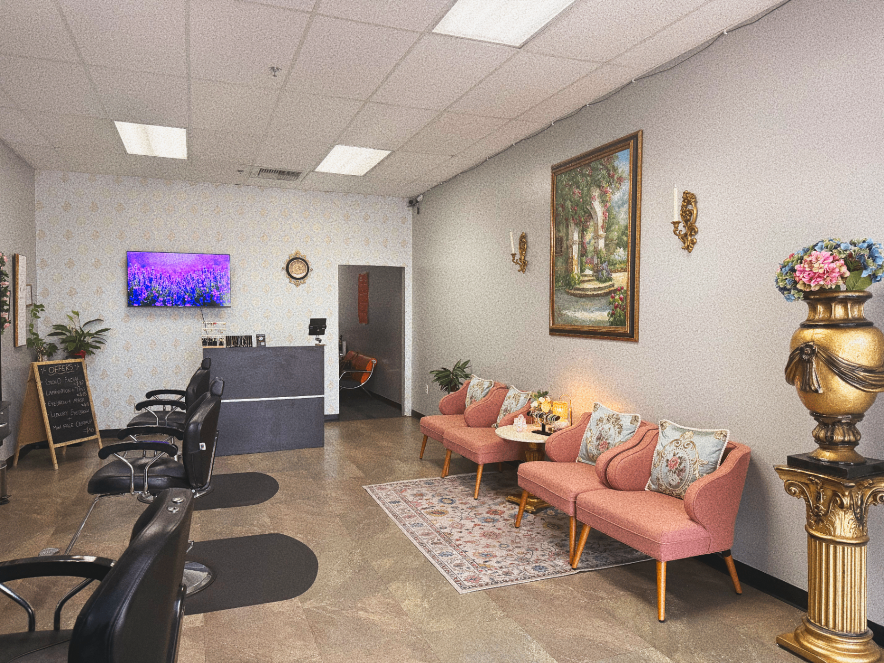 Lounge and reception area at brows n beauty studio