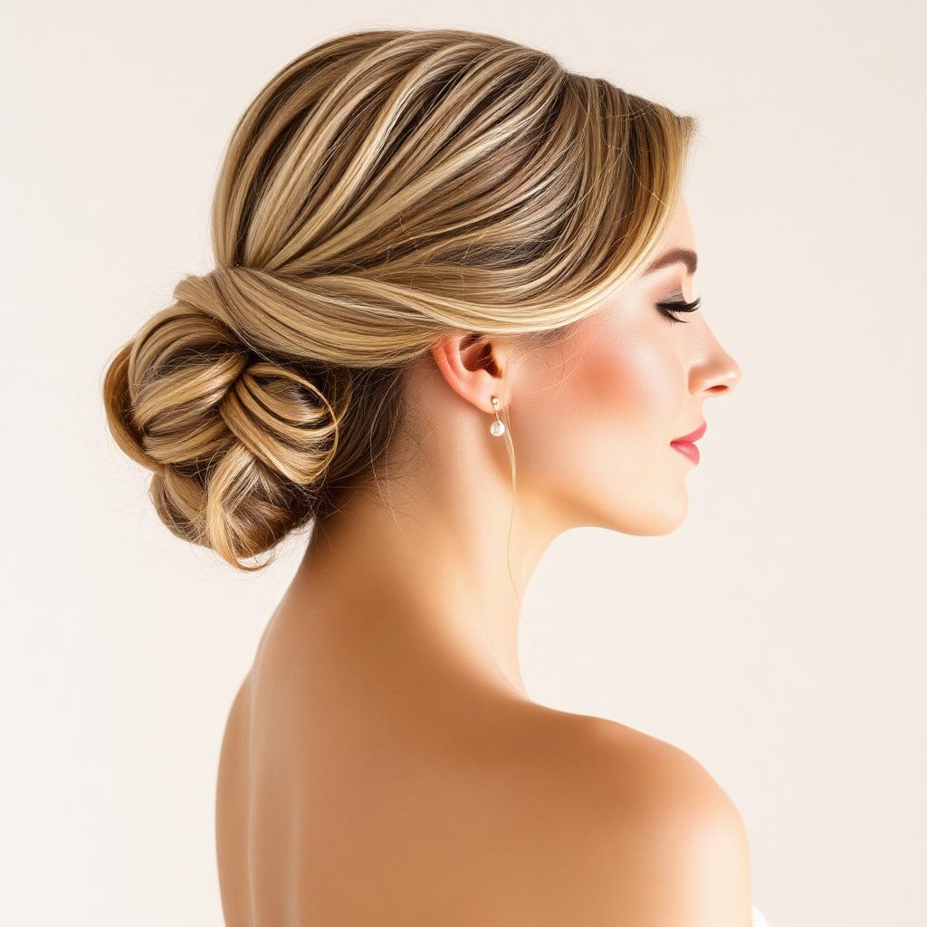 Bridal updo with soft natural makeup, side profile