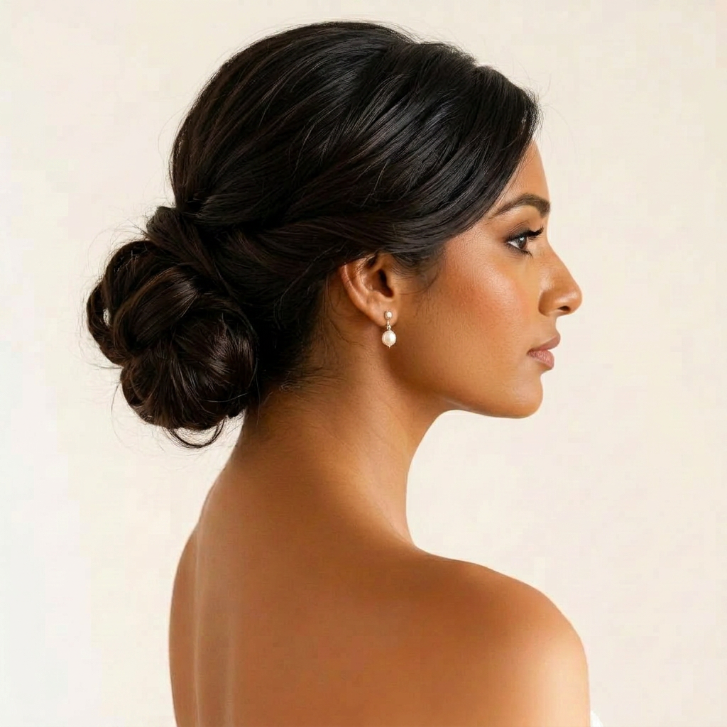 Bridal updo with soft natural makeup, side profile