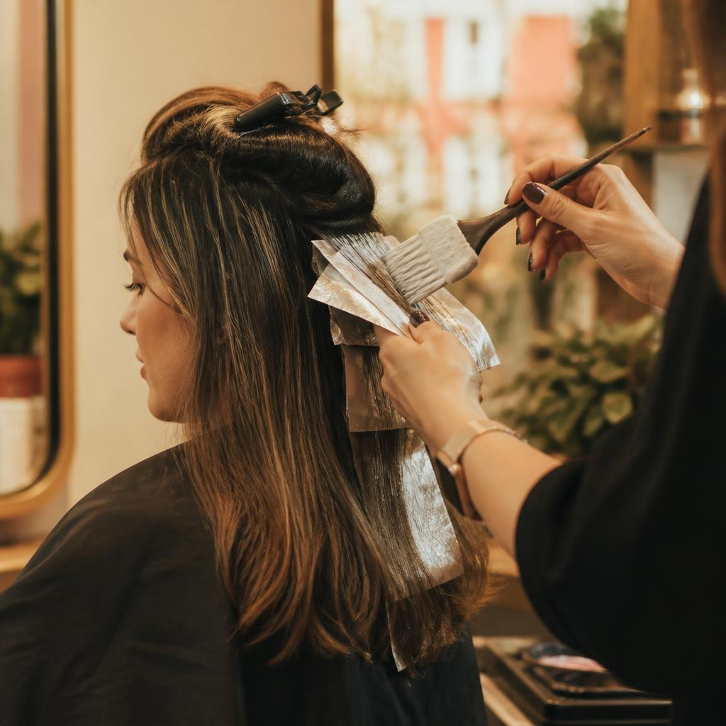 Stylist hand-painting hair color with foils at a salon