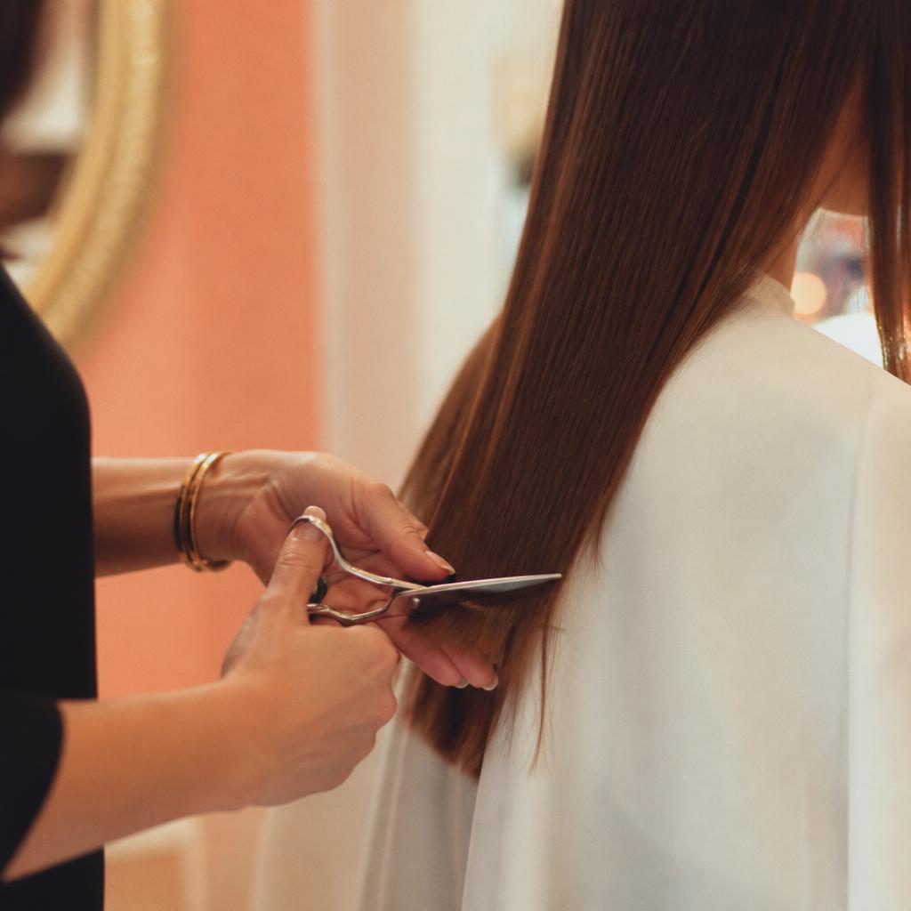 Precision haircut with sharp shears on long brunette hair