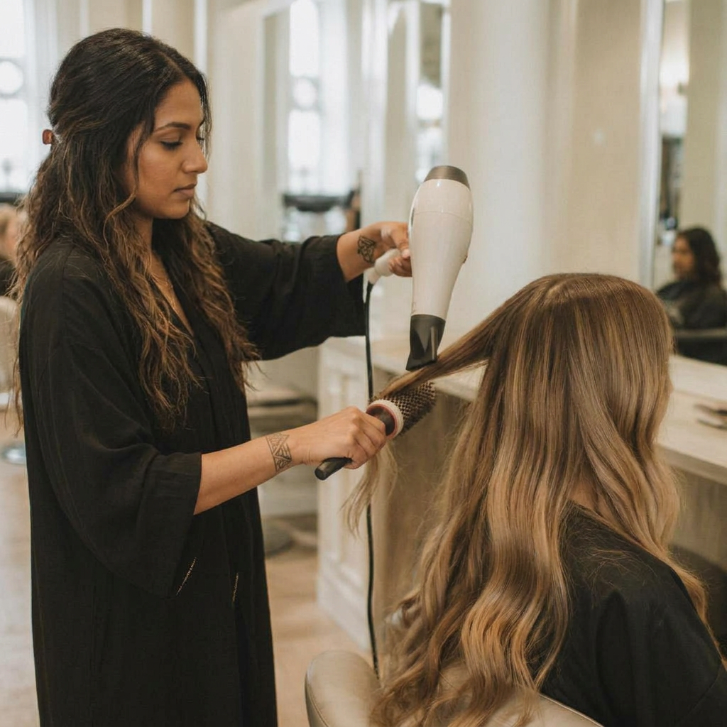 Stylist blow-drying long wavy hair with a round brush
