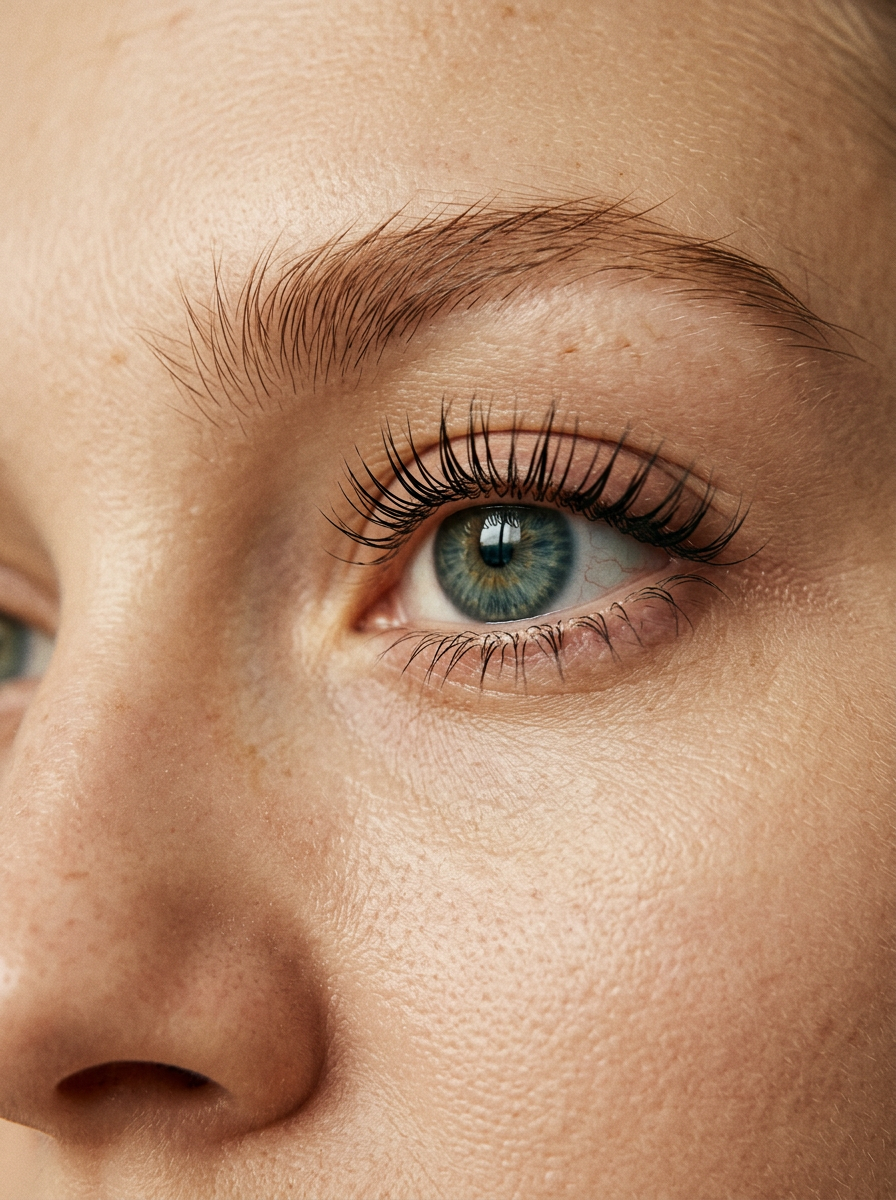 Close-up of long, natural lashes after a lift and tint